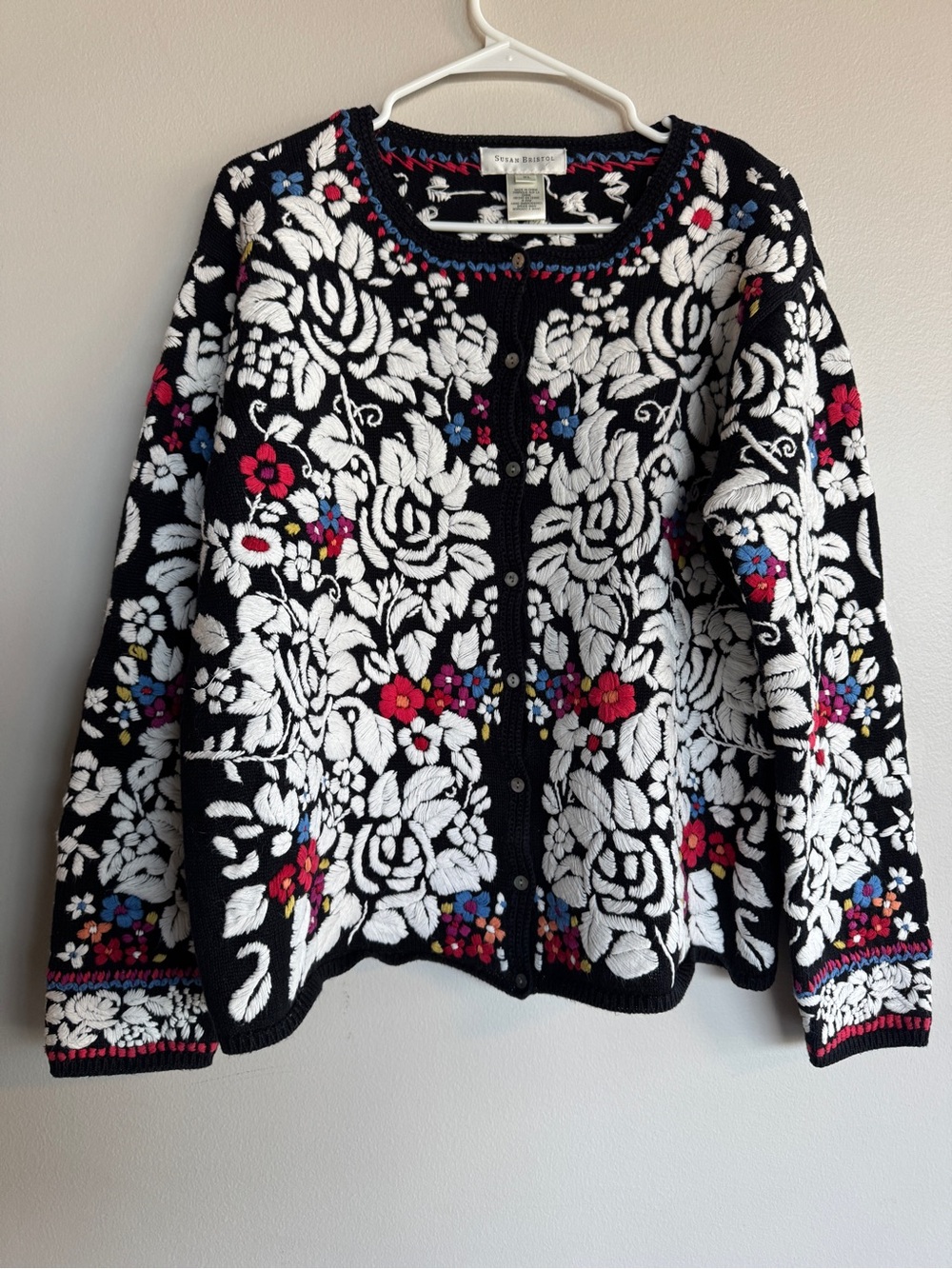 Vintage Susan Bristol Hand Embroidered Cardigan Sweater Floral Cottagecore XL